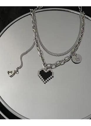 Многослойное ожерелье колье цепочка цепь на шею набор с подвеской кулоном сердцем пиксельное сердце с надписью i love you2 фото