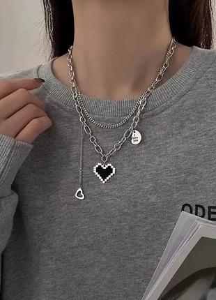 Багатошарове намисто кольє ланцюжок ланцюг на шию набір із підвіскою кулоном серцем піксельне серце з написом i love you