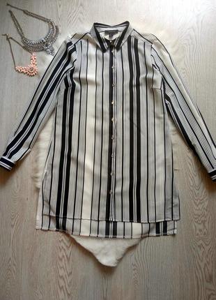 Длинная рубашка туника платье черная белая в полоску шифон длинный рукав разрезы1 фото