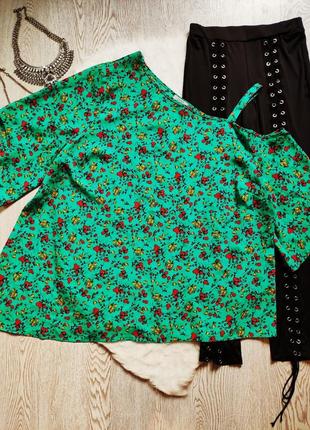 Зеленая цветная блуза туника на одно плече асимметричная цветочный принт рисунок батал3 фото