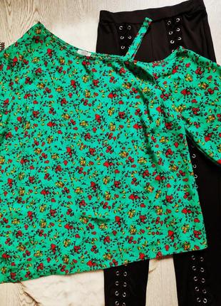 Зеленая цветная блуза туника на одно плече асимметричная цветочный принт рисунок батал5 фото