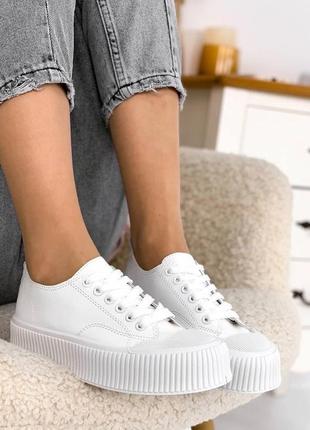 Кеды белые экокожа женские на утолщенной подошве