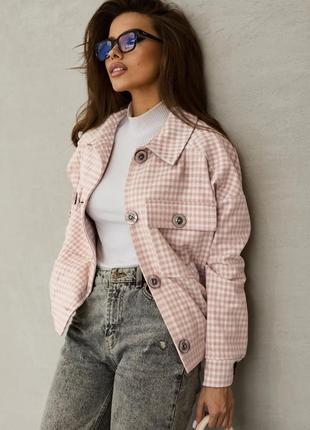 Куртка-рубашка женская в клетку кашемировая короткая розовая1 фото