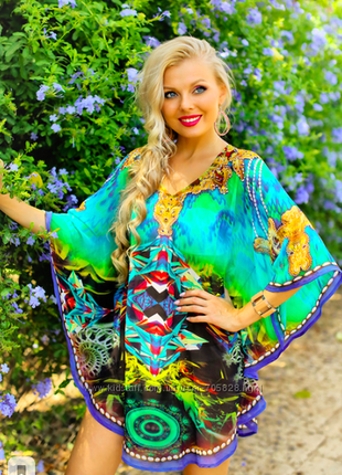 В наявності, обалденная бірюзово-блакитна пляжна натуральна шифонова туніка