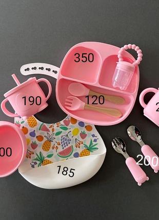 Детская посуда, силиконовый нагрудник, слюнявчик, силиконовая тарелка на присоске, секционная тарелка, поилочка непроливайка, ниблер2 фото