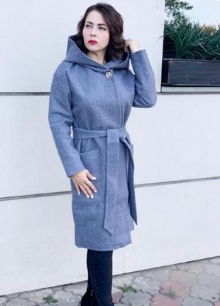 Теплое пальто khan с капюшоном, кашемировое, серо- голубое евро-зима 44
