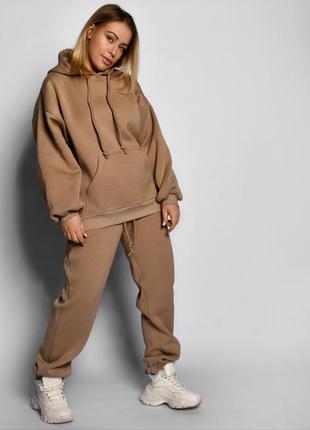 Теплий жіночий спортивний костюм oversize на флісі з капюшоном трехнітка