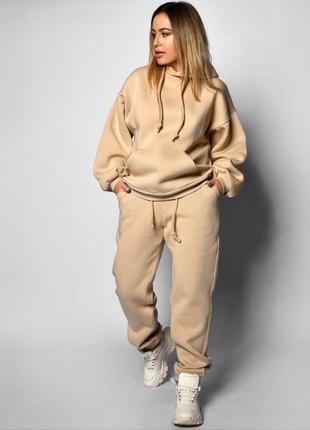 Теплий жіночий спортивний костюм oversize на флісі з капюшоном трехнітка