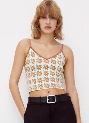 Жаккардовый вязаный топ top crop цветочный принт зара zara