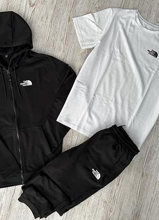 Комплект 3 в 1 демисезонный спортивный костюм tnf черная кофта на молнии + черные брюки (двонитка) + футболка белая tnf