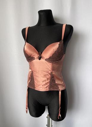 Шелковый корсет бюстье пеньюар розовый персиковый пояс для чулок шелковый атлас сатин кружево