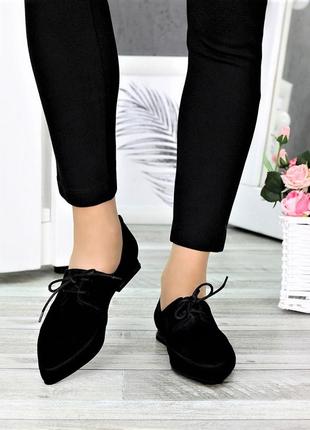 Туфли на шнурках женские замша острый носок черные стильные1 фото