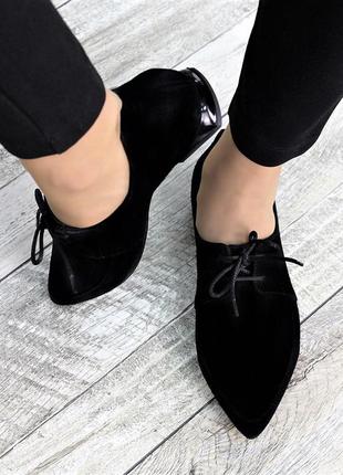 Туфли на шнурках женские замша острый носок черные стильные3 фото