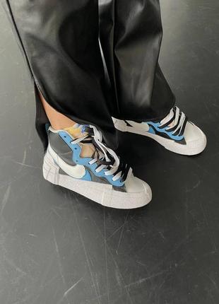 Демисезонные кожаные белые кроссовки nike blazer x sacai  білі унісекс кросівки найк блейзер