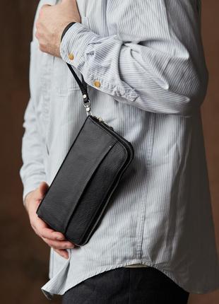 Чоловічий гаманець з натуральної шкіри, чорний клатч гаманець з монетницею і відділенням для карт