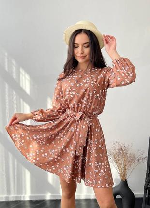 Короткое женское платье с поясом черное розовое коричневое мокко цветочное леопардовое нарядное на весну летнее2 фото
