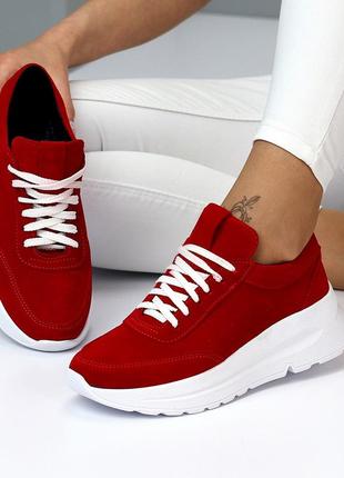 Натуральные замшевые красные кроссовки на белой подошве6 фото