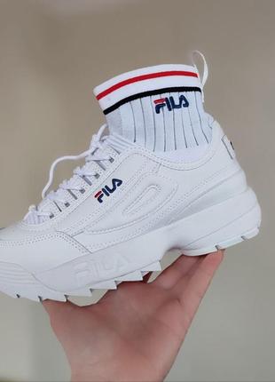 Белые высокие кроссовки с носком кеды ботинки фила fila6 фото