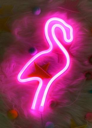 Настенный неоновый светильник ночник фламинго розовый7 фото