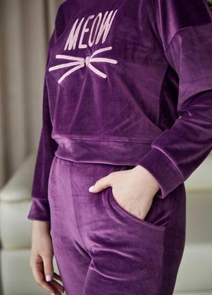 Женская велюровая пижама домашний костюм котик р.s,m,l лаванда2 фото