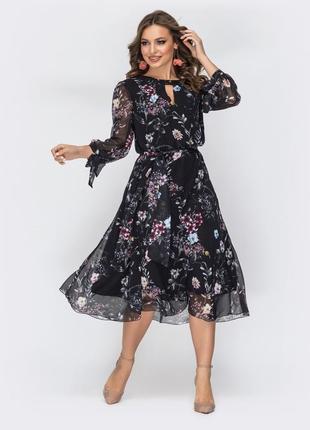 Шифонова сукня міді чорного кольору квітковий принт