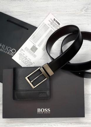 Подарунковий набір hugo boss чоловічий гаманець + ремінь  чорний / коричневий