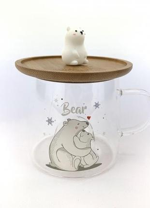 Скляна чашка з кришкою bear 3