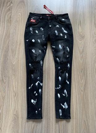 Мужские скини стрейчевые зауженые джинсы с заводскими потертостями insideout2 фото
