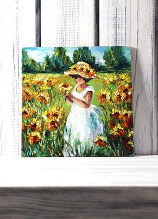 Маленькая картина маслом в раме пейзаж с  цветами "девочка с подсолнухами" 21х21 см4 фото