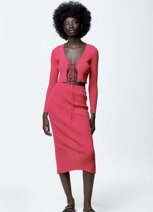 Zara кардиган рубчик укорочений на завязках фуксія рожевий кофта