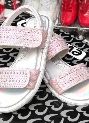 Детские  розовые босоножки сандалии для девочки, камни стразы липучки7 фото