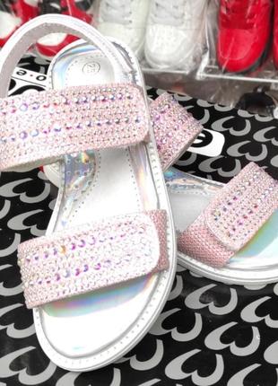 Детские  розовые босоножки сандалии для девочки, камни стразы липучки2 фото
