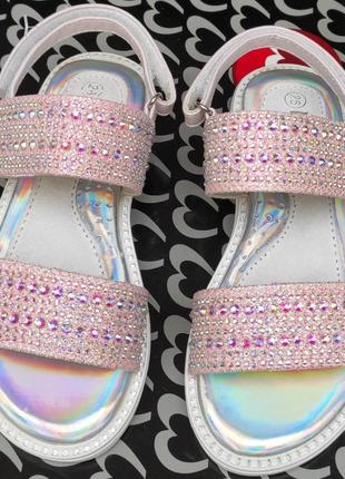 Детские  розовые босоножки сандалии для девочки, камни стразы липучки6 фото