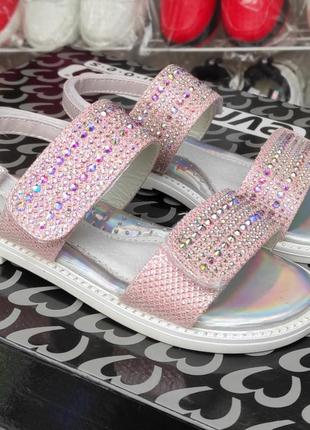 Детские  розовые босоножки сандалии для девочки, камни стразы липучки4 фото
