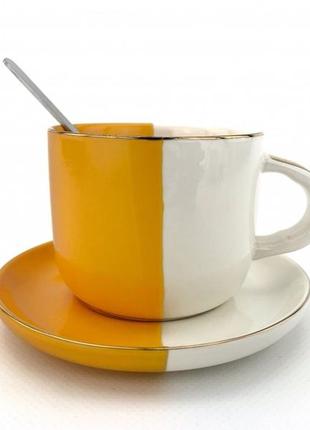 Керамическая чашка с блюдцем и ложечкой yin yang оранж