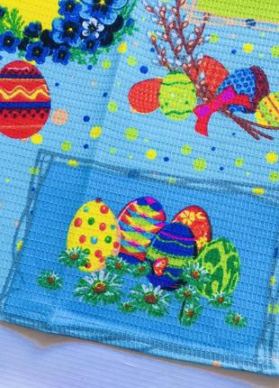 Салфетка пасхальная полотенце вафельное с рисунком на пасху в корзинку с кроликом пасками яйцами корзинкой хлопчатое хб 100% хлопон8 фото