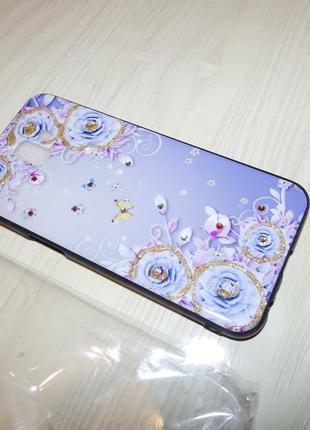 Чохол для samsung galaxy j6 plus / j6 prime блискітки стрази квіти tpu + glass