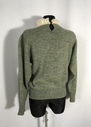 Винтажная шерстяная кофта свитер зеленый хаки с бежевой отделкой барышня винтаж стойка шерсть2 фото