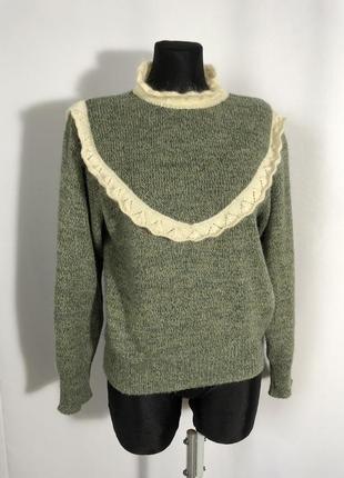 Винтажная шерстяная кофта свитер зеленый хаки с бежевой отделкой барышня винтаж стойка шерсть