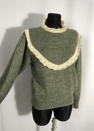 Винтажная шерстяная кофта свитер зеленый хаки с бежевой отделкой барышня винтаж стойка шерсть5 фото