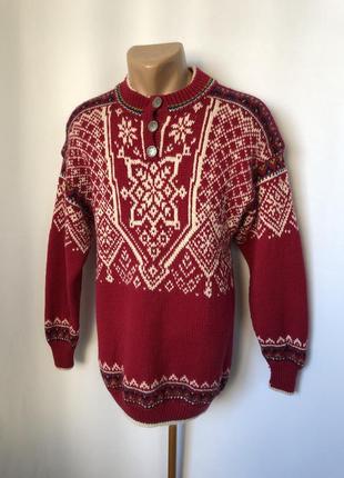 Скандинавський норвезький светр вовняний візерунок народний малиновий червоний із білим зимовий