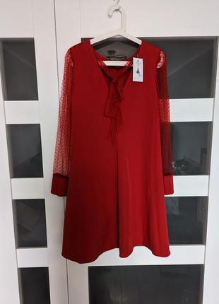Красное нереально красивое платье, рукава сеточка в горошек с бантом и v вырезом2 фото
