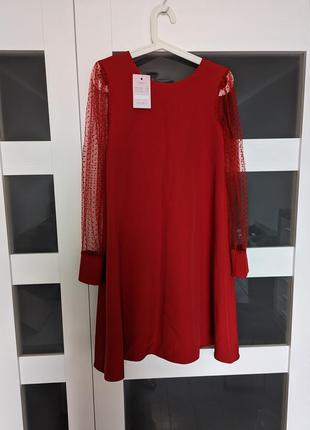 Красное нереально красивое платье, рукава сеточка в горошек с бантом и v вырезом3 фото