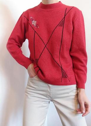 Винтажный свитер с вышивкой джемпер красный свитер винтаж джемпер кофта пуловер реглан лонгслив