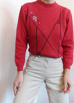 Винтажный свитер с вышивкой джемпер красный свитер винтаж джемпер кофта пуловер реглан лонгслив3 фото