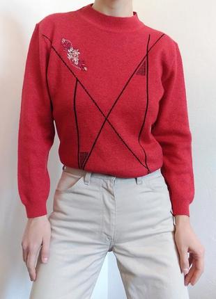 Винтажный свитер с вышивкой джемпер красный свитер винтаж джемпер кофта пуловер реглан лонгслив5 фото