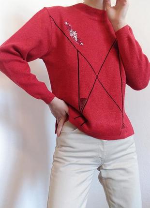 Винтажный свитер с вышивкой джемпер красный свитер винтаж джемпер кофта пуловер реглан лонгслив7 фото