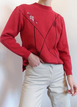Винтажный свитер с вышивкой джемпер красный свитер винтаж джемпер кофта пуловер реглан лонгслив8 фото