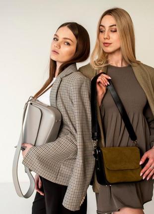 Замшева оливкова сумка на плече, стильна жіноча сумка через плече, сумка каркасна, кросбоді4 фото