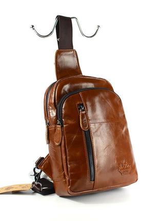 Коричневая мужская сумка рюкзак слинг через плечо, нагрудная кожаная сумочка из натуральной кожи2 фото